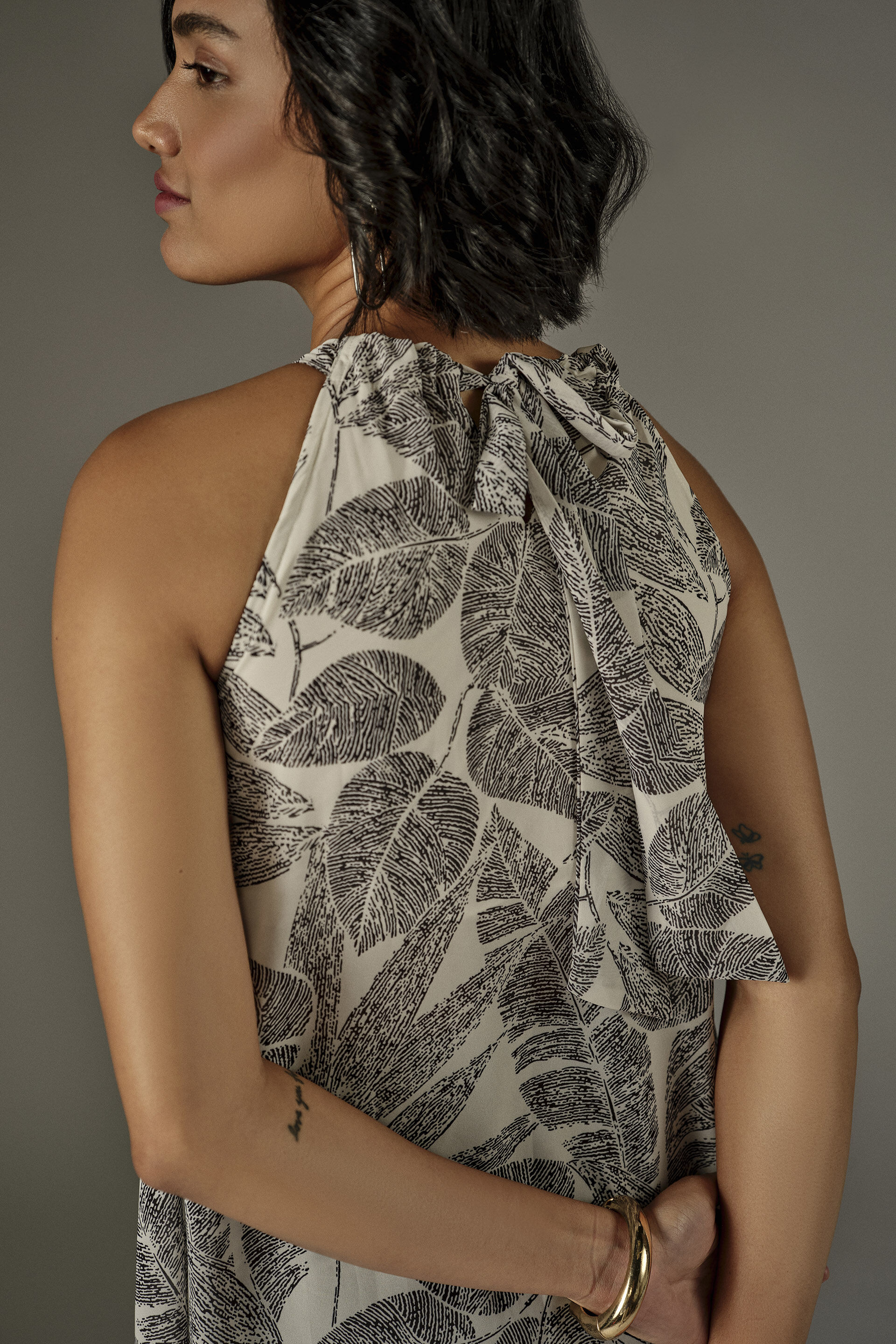 High-low Leaf Print Halter Top in White, White, image 5